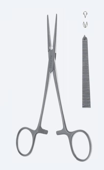 Зажими емостатичні, "Crile", делікатні, прямі, зубчаті щелепи, зубці 2 х 1, з кремальєрою, загальна довжина 140 мм. Бренд - Asanus Medizintechnik Gmb, Німеччина